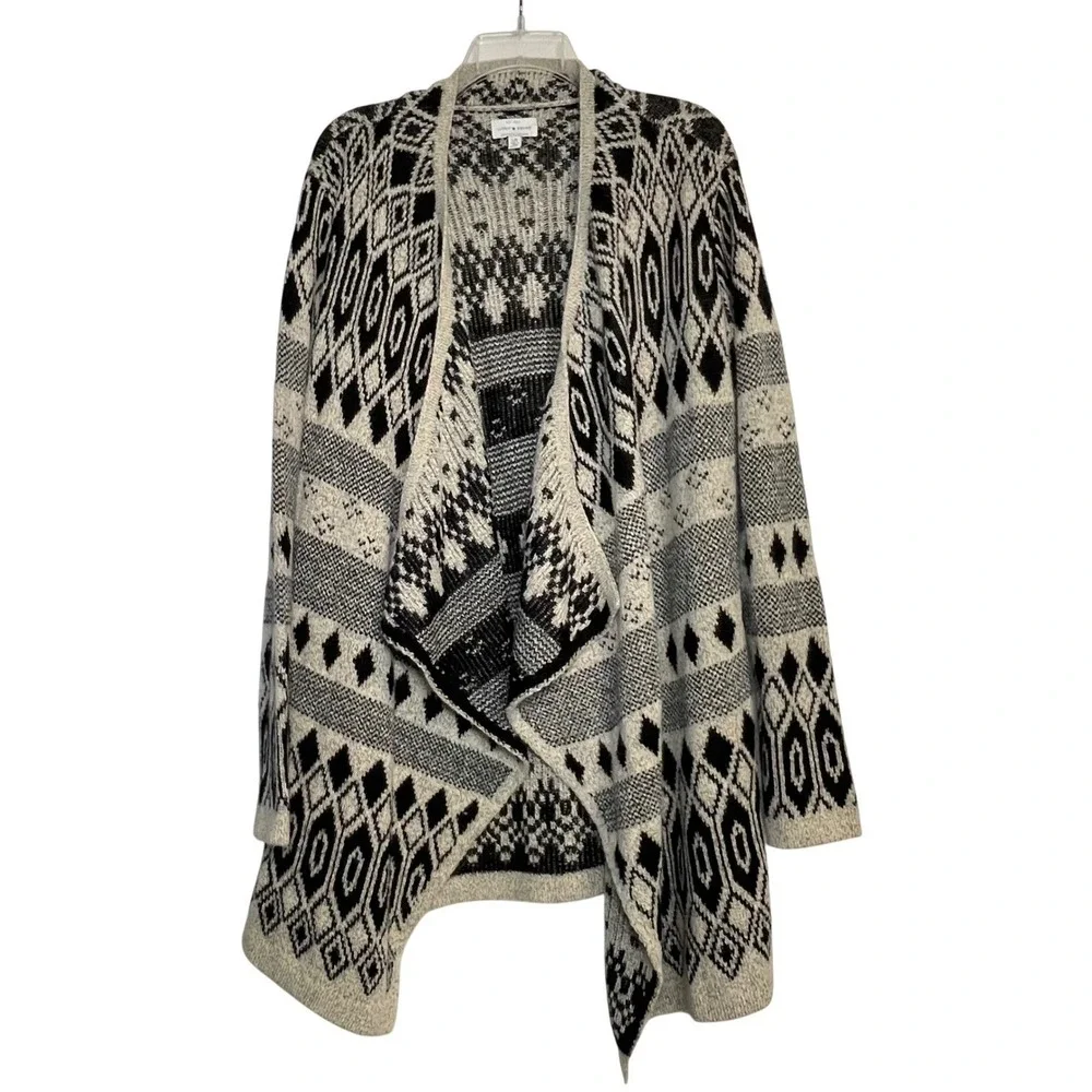 Lucky Brand Cardigan Womens Large Black Cream Aztec Open Front Boho Sweater